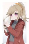  1girl absurdres blonde_hair blush cup drinking_straw grey_sweater highres holding holding_cup hood hoodie komori_met long_hair pronet127 purple_eyes red_hoodie red_skirt ribbed_sweater skirt smile solo sweater sweater_tucked_in v_ap_art virtual_youtuber 