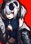  1girl animal_ears arknights bangs bare_shoulders breasts china_dress chinese_clothes cleavage_cutout clothing_cutout dress eyewear_on_head fang feater_(arknights) hair_over_one_eye highres jacket off_shoulder panda_ears panda_girl pomjellyfish red_background red_eyes silver_hair skin_fang sleeveless sleeveless_dress solo thigh_strap twintails 