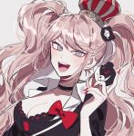  1girl :d bangs bear_hair_ornament black_choker blonde_hair blue_eyes bong_(0u0bon) bow breasts choker cleavage collarbone crown danganronpa:_trigger_happy_havoc danganronpa_(series) enoshima_junko eyebrows_visible_through_hair hair_ornament highres holding long_hair looking_at_viewer monokuma nail_polish necktie red_bow red_nails shiny shiny_hair shirt smile solo teeth twintails upper_teeth 