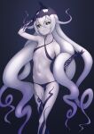  1girl arm_up black_sclera breasts cephalopod_eyes collarbone colored_sclera colored_skin green_eyes grin highres long_hair monster_girl navel nitrus original pointy_ears revealing_clothes small_breasts smile solo tentacle_hair v-shaped_eyebrows very_long_hair white_skin 