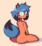  2022 alfred0sauce anthro blue_hair blue_tail brand_new_animal breasts butt canid canine colored_sketch female hair hi_res looking_at_viewer looking_back looking_back_at_viewer mammal michiru_kagemori nude portrait raccoon_dog rear_view side_boob sitting sketch smile solo studio_trigger tanuki 