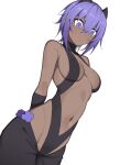  1girl bare_shoulders breasts cleavage dark-skinned_female dark_skin dutch_angle fate/prototype fate/prototype:_fragments_of_blue_and_silver fate_(series) hairband hanenosaki hassan_of_serenity_(fate) highres navel purple_eyes purple_hair revealing_clothes short_hair simple_background solo white_background 