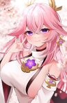  1girl bangs bare_shoulders blurry blurry_background blush breasts cherry_blossoms closed_mouth detached_sleeves earrings fox_shadow_puppet genshin_impact hair_between_eyes hair_ornament hand_up highres japanese_clothes jewelry large_breasts long_hair looking_at_viewer namagome_negi pink_hair purple_eyes shirt single_earring skindentation solo upper_body vision_(genshin_impact) white_shirt wide_sleeves yae_miko 