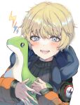  1girl :d apex_legends bangs black_shirt blonde_hair blue_eyes blush commentary_request eyebrows_visible_through_hair fangs hair_between_eyes highres hood hood_down hooded_jacket jacket kayanogura lightning_bolt_symbol long_sleeves looking_at_viewer nessie_(respawn) object_hug orange_jacket puffy_long_sleeves puffy_sleeves shirt simple_background smile solo stuffed_animal stuffed_dinosaur stuffed_toy upper_body wattson_(apex_legends) white_background 