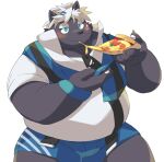  2022 anthro belly black_body blue_eyes blush bottomwear bulge canid canine clothing eating food hi_res kemono male mammal overweight overweight_male pizza pizza_slice shirt shorts simple_background solo syoubu426 topwear white_background 