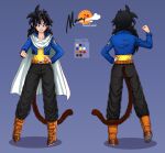  1girl azumi212 black_hair black_pants blue_eyes blue_jacket cape character_sheet commission commissioner_upload dragon_ball dragon_ball_xenoverse english_commentary hand_on_hip highres jacket long_hair messy_hair monkey_tail original pants saiyan second-party_source shirt tail white_cape yellow_shirt 