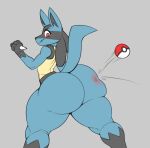  2022 ambiguous_gender anthro big_butt bubble_butt butt butt_squish eyebrows fur grey_background hi_res huge_butt lucario motion_lines nintendo nude pok&eacute;ball pok&eacute;mon pok&eacute;mon_(species) reddrago simple_background solo spank_marks spikes spikes_(anatomy) squish standing thick_thighs tuft video_games 