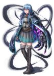  1girl blue_cloak blue_hair blue_skirt boots braid brown_footwear cloak cross-laced_footwear demon_girl dress fantasy hair_between_eyes highres lace-up_boots long_hair muzuspark original red_eyes shadow skirt standing tagme 