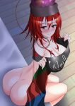  1girl absurdres ass bare_shoulders black_shirt blush bottomless breasts chain choker clothes_pull collarbone commentary_request hecatia_lapislazuli highres holding holding_clothes holding_skirt large_breasts looking_at_viewer miyabi_hakuro polos_crown print_shirt red_eyes red_hair shirt shirt_pull short_hair short_sleeves sitting skirt skirt_removed smile solo touhou 