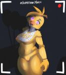  absurd_res accessory animatronic anthro avian beak bib bird breasts camera_view chica_(fnaf) chicken clothing derp_eyes english_text female five_nights_at_freddy&#039;s galliform gallus_(genus) genitals glowing glowing_eyes hair_accessory hairband hi_res ineffective_clothing jaynatorburudragon looking_at_viewer machine nipples non-mammal_breasts non-mammal_nipples nude open_mouth phasianid portrait purple_eyes pussy red_pussy robot scottgames solo standing text thick_thighs three-quarter_portrait video_games yellow_body 