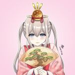  1girl alternate_costume blonde_hair folding_fan graf_zeppelin_(kancolle) grey_eyes hair_between_eyes hand_fan holding holding_fan japanese_clothes kantai_collection kimono pink_background pink_kimono sidelocks solo tk8d32 twintails upper_body 