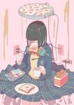  1girl bag black_hair book bread_slice commentary_request cup eraser food food_in_mouth fried_egg fried_egg_on_toast grease green_skirt headphones headphones_around_neck highres holding holding_cup holding_toothbrush medium_hair mouth_hold norikoi original pen pink_background plaid plaid_skirt plastic_bag plate pleated_skirt plug protractor skirt solo toast toast_in_mouth toaster toothbrush 