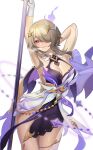  1girl absurdres arm_up armpits bangs bare_shoulders breasts brown_hair cleavage dress hair_ornament hair_over_one_eye highres holding holding_scythe holding_weapon honkai_(series) honkai_impact_3rd large_breasts long_hair looking_at_viewer looking_back mole mole_under_eye purple_eyes rita_rossweisse rita_rossweisse_(spina_astera) scythe simple_background single_thighhigh sleeveless sleeveless_dress smile solo thighhighs tutou_jiang weapon white_background white_dress white_legwear 