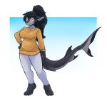  absurd_res ambris anthro barefoot black_hair bottomwear breasts clothing eyelashes eyewear feet female fish glasses hair hand_on_hip hi_res long_hair looking_at_viewer marine pants ponytail purple_eyes purple_sclera shark solo sweater topwear 