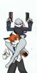  anthro beverage big_butt bread butt carrying clothing coffee disney duo female food gun hi_res jacket judy_hopps leotard nick_wilde pace-maker piggyback ranged_weapon riding small_waist thick_thighs toast topwear weapon zootopia 