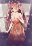  1girl animal_ear_fluff animal_ears bangs bare_arms blurry blurry_background blush breasts brown_hair cat_ears cleavage collarbone commentary_request commission dermar eyebrows_visible_through_hair hair_ribbon highres indie_virtual_youtuber lingerie long_hair looking_at_viewer medium_breasts navel negligee panties parted_lips ribbon see-through signature skeb_commission slap_strip sleepwear smile solo standing underwear very_long_hair virtual_youtuber white_panties yellow_eyes yukkin_(vtuber) 