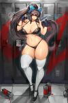  1girl absurdres bangs black_bra black_hair blush bow bra breasts cleavage curvy dorothy_(gurimjang) fingerless_gloves gloves gurimjang hair_between_eyes hair_bow high_ponytail highres huge_breasts large_breasts lingerie locker long_hair looking_at_viewer original paint_can sidelocks smile solo standing thighhighs underwear very_long_hair white_legwear 