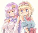  2girls adapted_costume alice_margatroid arnest bare_shoulders blonde_hair blue_bow blue_dress blue_eyes blush bow breasts closed_mouth crescent crescent_hair_ornament detached_sleeves dress eyebrows_visible_through_hair hair_between_eyes hair_bow hair_ornament hairband highres large_breasts lolita_hairband long_hair multiple_girls open_mouth patchouli_knowledge purple_dress purple_eyes purple_hair red_bow red_hairband short_hair smile touhou upper_body 