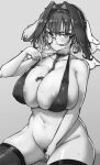  1girl areola_slip areolae bangs bespectacled bikini bikini_pull bikini_top_only blush breasts breath chain clothes_pull collar collarbone female_pubic_hair glasses greyscale hair_intakes head_chain highres hololive hololive_english huge_breasts looking_at_viewer monochrome navel ouro_kronii plump pubic_hair short_hair simple_background solo swimsuit tentopus thighhighs veil virtual_youtuber 
