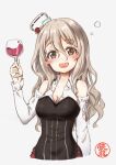  1girl alcohol artist_logo breasts brown_eyes cleavage commentary_request corset cup drinking_glass drunk grey_hair hat kantai_collection looking_at_viewer medium_breasts mini_hat open_mouth pola_(kancolle) shirt simple_background smile solo tetsuryuu tilted_headwear upper_body wavy_hair white_background white_shirt wine wine_glass 