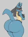  2022 ambiguous_gender anthro big_butt blush bubble_butt butt crossed_arms eyebrows flustered frown fur grey_background huge_butt lucario narrowed_eyes nintendo nude pok&eacute;mon pok&eacute;mon_(species) reddrago simple_background solo spikes spikes_(anatomy) standing thick_thighs tuft video_games 