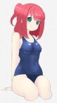  1girl absurdres blue_swimsuit breasts closed_mouth covered_navel cowboy_shot eyebrows_visible_through_hair gradient gradient_background green_eyes hair_between_eyes highres kooei kurosawa_ruby looking_at_viewer love_live! love_live!_sunshine!! one-piece_swimsuit red_hair school_swimsuit side_bun sitting small_breasts smile swimsuit two_side_up 