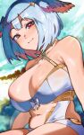  1girl :3 areola_slip areolae blue_hair breasts cleavage closed_mouth gold_trim head_wings highres indie_virtual_youtuber large_breasts light_smile looking_at_viewer multicolored_hair navel red_eyes roropull short_hair solo suzume_gio 