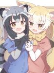  2girls :d animal_ear_fluff animal_ears black_bow black_bowtie black_gloves black_hair black_skirt blonde_hair blue_shirt blush bow bowtie brown_background brown_bow brown_eyes commentary_request common_raccoon_(kemono_friends) elbow_gloves fang fennec_(kemono_friends) fox_ears fox_girl fox_tail gloves grey_hair highres kemono_friends multicolored_hair multiple_girls pink_sweater puffy_short_sleeves puffy_sleeves raccoon_ears raccoon_girl raccoon_tail shirt short_sleeves skirt smile sunanuko_(ramuneko) sweater tail two-tone_background two-tone_hair white_background white_gloves white_hair white_shirt 