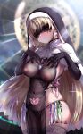  1girl bangs black_eyepatch black_gloves black_panties blonde_hair blurry blurry_background blush breasts capelet censored condom covered_navel covered_nipples cowboy_shot crotchless crotchless_panties daishippai elbow_gloves eyebrows_visible_through_hair eyepatch facing_viewer gloves grin habit hands_on_own_chest highres jewelry lace-trimmed_legwear lace_trim large_breasts light_brown_hair long_hair mosaic_censoring neck_ribbon necklace nijisanji nun panties parted_bangs parted_lips pubic_tattoo pussy ribbon see-through sister_cleaire skindentation smile solo standing string_panties sweat tattoo thighhighs thong underwear used_condom very_long_hair virtual_youtuber white_capelet white_legwear white_ribbon 