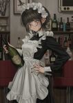  1girl :| absurdres air_conditioner alcohol apron bangs black_hair black_nails blunt_bangs blush breasts closed_mouth collared_dress commentary cowboy_shot dress english_commentary frilled_apron frills glasses green_eyes hand_on_hip highres holding indoors maid_apron maid_headdress medium_breasts nadegata original picture_(object) picture_frame plant profanity revision short_hair solo standing stool vase vodka waitress wine 
