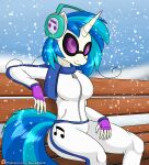  5_fingers anthro anthrofied bench blue_hair blue_tail clothing equid equine eyewear female fingerless_gloves fingers friendship_is_magic glasses gloves hair handwear hasbro headphones hi_res horn mammal my_little_pony novaspark patreon scarf signature sitting smile snow snowing solo unicorn vinyl_scratch_(mlp) white_body zipper 