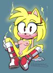  2022 amy_rose anthro blonde_hair blue_background boots breasts casual_exposure clothing eulipotyphlan female footwear front_view full-length_portrait genitals gloves hair handwear hedgehog hexanne looking_at_viewer mammal mostly_nude nipples portrait pussy sega simple_background sitting smile solo sonic_the_hedgehog_(series) yellow_body 