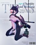  absurd_res anthro balls bdsm blindfold bodily_fluids bondage bound canid canine canis chastity_cage chastity_device collar cover cuff_(restraint) cum cum_drip dripping english_text gag genital_fluids genitals grey_background handcuffs hi_res leaking_cum lock magazine magazine_cover male mammal metal_cuffs nipple_piercing nipple_ring nipples open_mouth padlock piercing restraints ring_gag simple_background solo spreader_bar text wolf wolftea42 