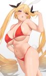  1girl animal_ears azur_lane bikini blonde_hair blush breasts cowboy_shot drill_hair eyebrows_visible_through_hair furrowed_brow hair_ribbon hand_on_hip hand_up highres large_breasts long_hair navel nekoshoko nelson_(azur_lane) open_mouth rabbit_ears rabbit_tail red_bikini red_eyes ribbon sideboob skindentation solo stomach strap_gap sweatdrop swimsuit tail teeth twin_drills twintails upper_teeth very_long_hair 