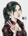  1girl blue_eyes breasts brown_hair bullblink claire_redfield copyright_name highres jacket jewelry lipstick looking_at_viewer makeup necklace ponytail resident_evil resident_evil_2 short_hair signature simple_background solo v 