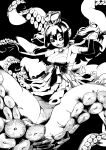  1girl absurdres black_sclera breasts brooch colored_sclera crown detached_sleeves dress fangs greyscale highres jewelry kyo_mizusawa large_breasts long_hair monochrome monster_girl open_mouth original pointy_ears scylla smile solo suction_cups tentacles 