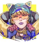  1girl apex_legends blonde_hair blue_eyes blue_gloves blue_headwear cat_ear_headphones clenched_hands dated gloves head_tilt headphones highres himawari_kappa hood hooded_jacket jacket official_alternate_costume portrait purple_lips scar scar_on_cheek scar_on_face short_hair solo sunglasses thunder_kitty_wattson visor_cap wattson_(apex_legends) yellow_jacket 