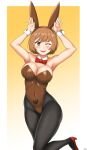  1girl animal_ears black_legwear bluedevil63 bow bowtie breasts brown_eyes brown_hair brown_leotard brownie_(last_origin) bunny_pose cleavage detached_collar fake_animal_ears gradient gradient_background highres large_breasts last_origin leotard looking_at_viewer pantyhose playboy_bunny rabbit_ears red_bow red_bowtie red_footwear short_hair solo strapless strapless_leotard wrist_cuffs yellow_background 