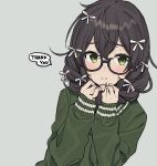  1girl bangs black_hair blush bow braid cevio english_commentary glasses green_eyes green_sweater grey_background hair_bow hanakuma_chifuyu hands_in_hair long_hair looking_at_viewer semi-rimless_eyewear simple_background sleeves_past_wrists solo speech_bubble sweatdrop sweater synthesizer_v teshima_nari twin_braids upper_body white_bow 