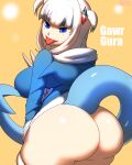  animal_humanoid anthro big_butt blue_eyes bottomless butt clothed clothing fangs female fish fish_humanoid gawr_gura hair hi_res hololive hoodie humanoid legwear looking_back marine marine_humanoid multicolored_hair peace_symbol shark shark_humanoid short_hair solo thick_thighs thigh_highs tongue topwear virtual_youtuber white_hair zaviel 