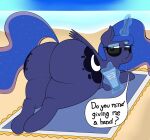  airsicksubset big_butt butt equid equine eyewear female friendship_is_magic hi_res horn huge_butt lying mammal my_little_pony on_front on_towel princess_luna_(mlp) solo sunglasses thick_thighs towel winged_unicorn wings 