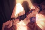  1boy ankle_cuffs barefoot black_hair blush bottomless chain covering covering_ass curtains dio_brando jojo_no_kimyou_na_bouken kujo_jotaro less_end male_focus muscular muscular_male no_coat no_hat no_headwear not_present on_bed pants_around_one_leg silhouette solo_focus stardust_crusaders 