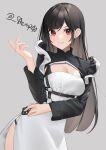  1girl absurdres bangs black_hair breasts cleavage closed_mouth dress eyebrows_visible_through_hair grey_background highres long_hair long_sleeves looking_at_viewer maid medium_breasts original red_eyes shiny shiny_hair shrug_(clothing) side_slit simple_background smile solo standing straight_hair tamatabe twitter_username very_long_hair white_dress 