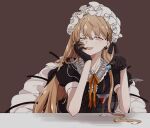  1girl bangs black_gloves citron80citron cocktail cocktail_glass collarbone cup dress drinking_glass eyebrows_visible_through_hair frilled_hairband frills girls&#039;_frontline gloves hair_between_eyes hairband hand_on_own_face leaning_forward leaning_on_table light_brown_eyes light_brown_hair long_hair looking_at_viewer open_mouth ppk_(girls&#039;_frontline) puffy_short_sleeves puffy_sleeves ribbon short_dress short_sleeves smile solo very_long_hair 