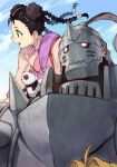  1girl 2boys ahoge alphonse_elric animal animal_on_shoulder armor black_hair blonde_hair blue_sky braid brothers chinese_clothes double_bun edward_elric full_armor fullmetal_alchemist glowing glowing_eyes horns hungry_clicker looking_to_the_side may_chang multiple_boys on_shoulder out_of_frame panda siblings single_horn sitting sitting_on_person sitting_on_shoulder sky spikes xiao-mei 