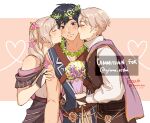  1girl 2boys alternate_costume bisexual_male blue_hair blush bouquet cape closed_eyes dual_persona fire_emblem fire_emblem_awakening fire_emblem_heroes flower flower_necklace hair_flower hair_ornament head_wreath highres jewelry kiss kissing_cheek multiple_boys necklace official_alternate_costume robin_(fire_emblem) robin_(fire_emblem)_(female) robin_(fire_emblem)_(male) silver_hair single_sleeve tecchi_kun 