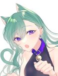  1girl :o animal_ear_fluff animal_ears bangs bell breasts cat_ears cat_girl cat_tail clenched_hand collarbone eyebrows_visible_through_hair green_hair halter_top halterneck hatori_naco kemonomimi_mode looking_at_viewer medium_breasts open_mouth paw_pose portrait purple_eyes solo tail transparent_background virtual_youtuber vspo! yakumo_beni 