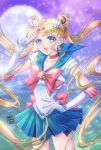  1girl 2022 :d bishoujo_senshi_sailor_moon blonde_hair blue_eyes blue_skirt bow bowtie choker circlet collarbone cowboy_shot crescent crescent_earrings double_bun earrings elbow_gloves eyebrows_visible_through_hair floating_hair full_moon gloves hair_intakes hand_on_hip heart heart_choker jewelry long_hair miniskirt moon open_mouth pleated_skirt red_bow red_bowtie red_choker sailor_moon sailor_senshi_uniform skirt smile solo star_(symbol) star_earrings super_sailor_moon tuka_ryo twintails v very_long_hair white_gloves 