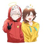  2boys ^_^ black_gloves black_shirt blush closed_eyes collarbone crazy_raccoon daruma_is_god gloves grey_hair hair_over_one_eye halo head_tilt highres hood hood_up hoodie kinako_(crazy_raccoon) ma_ru_o multicolored_hair multiple_boys one_eye_covered pink_hair shirt smile star_(symbol) streaked_hair upper_body v virtual_youtuber yellow_eyes yellow_hoodie 