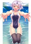  1girl absurdres black_legwear blue_swimsuit breasts cleavage competition_swimsuit covered_navel foreshortening gher5555 green_eyes highres langrisser langrisser_ii large_breasts looking_at_viewer one-piece_swimsuit partially_submerged seiza sherry_(langrisser) short_hair silver_hair sitting solo swimsuit thighhighs two-tone_background water 